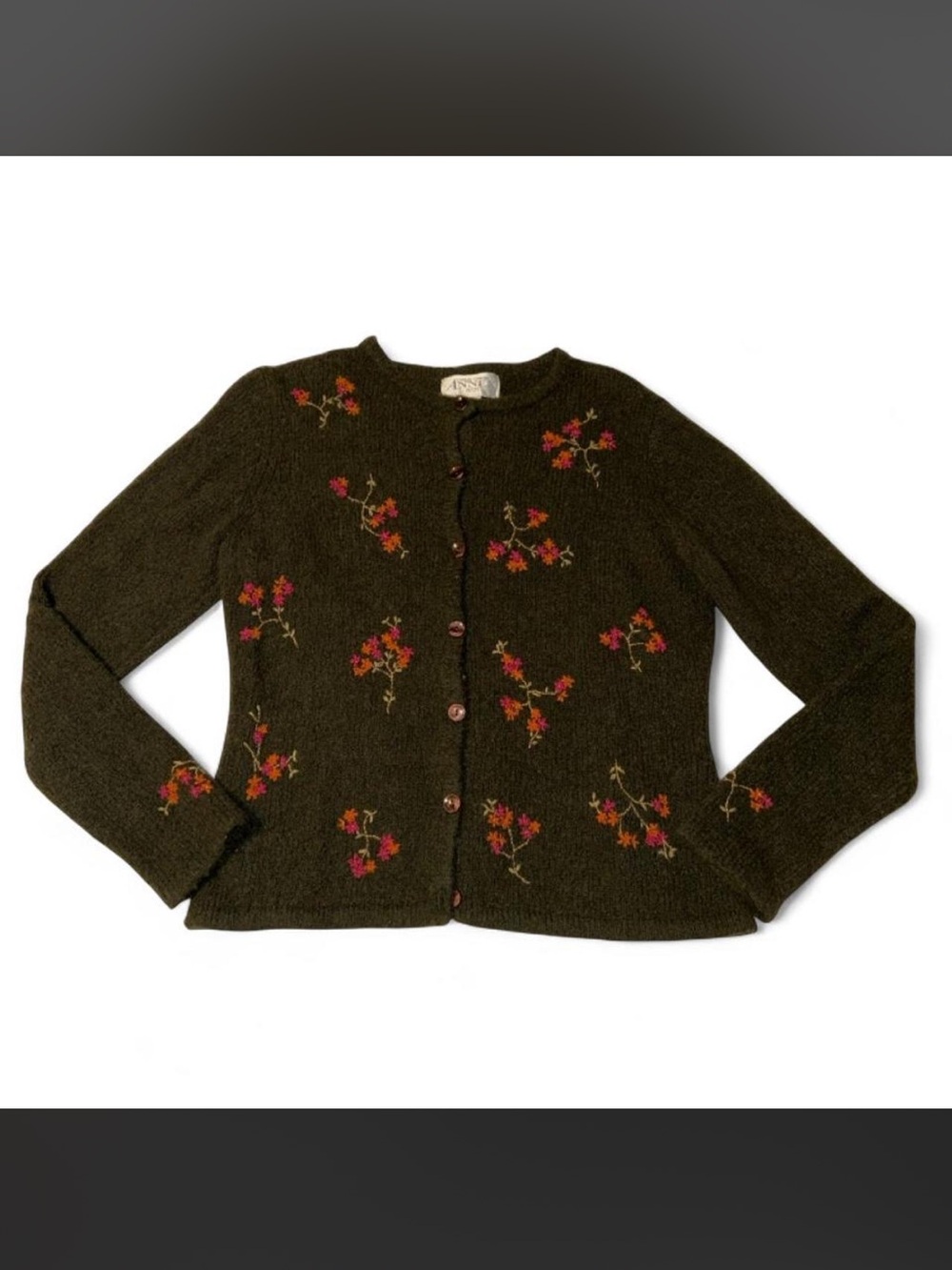 Vintage Olive Green Floral Embroidered Wool Blend Cardigan Sweater
